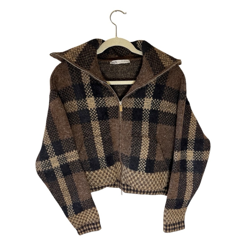ZARA Knit Bomber Jacket Multi-Check Size S High Collar